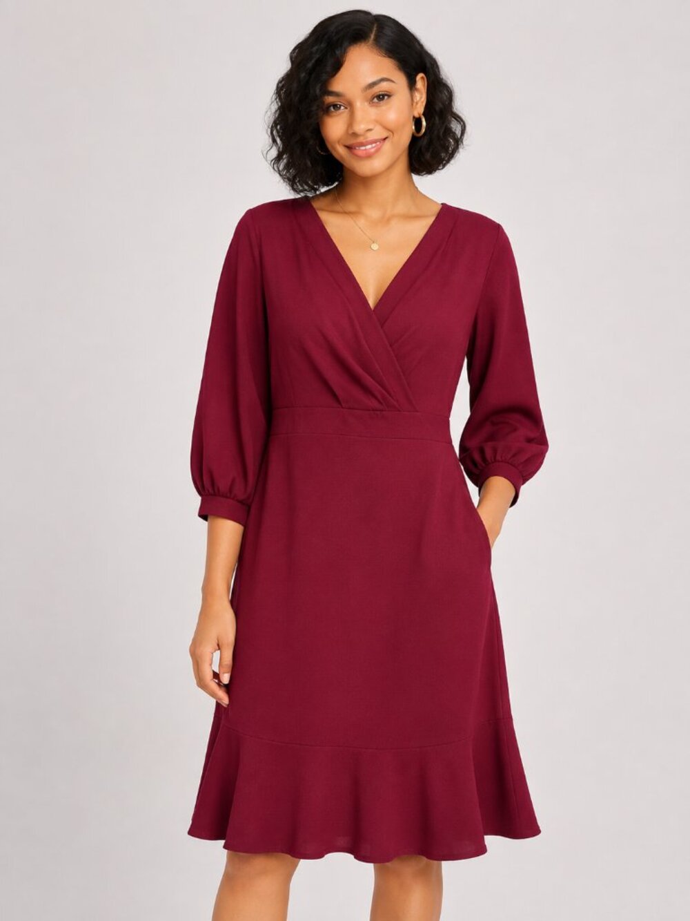 Burgundy Red Midi Dress Ruffle Wrap Style Business Casual Dress Size 14